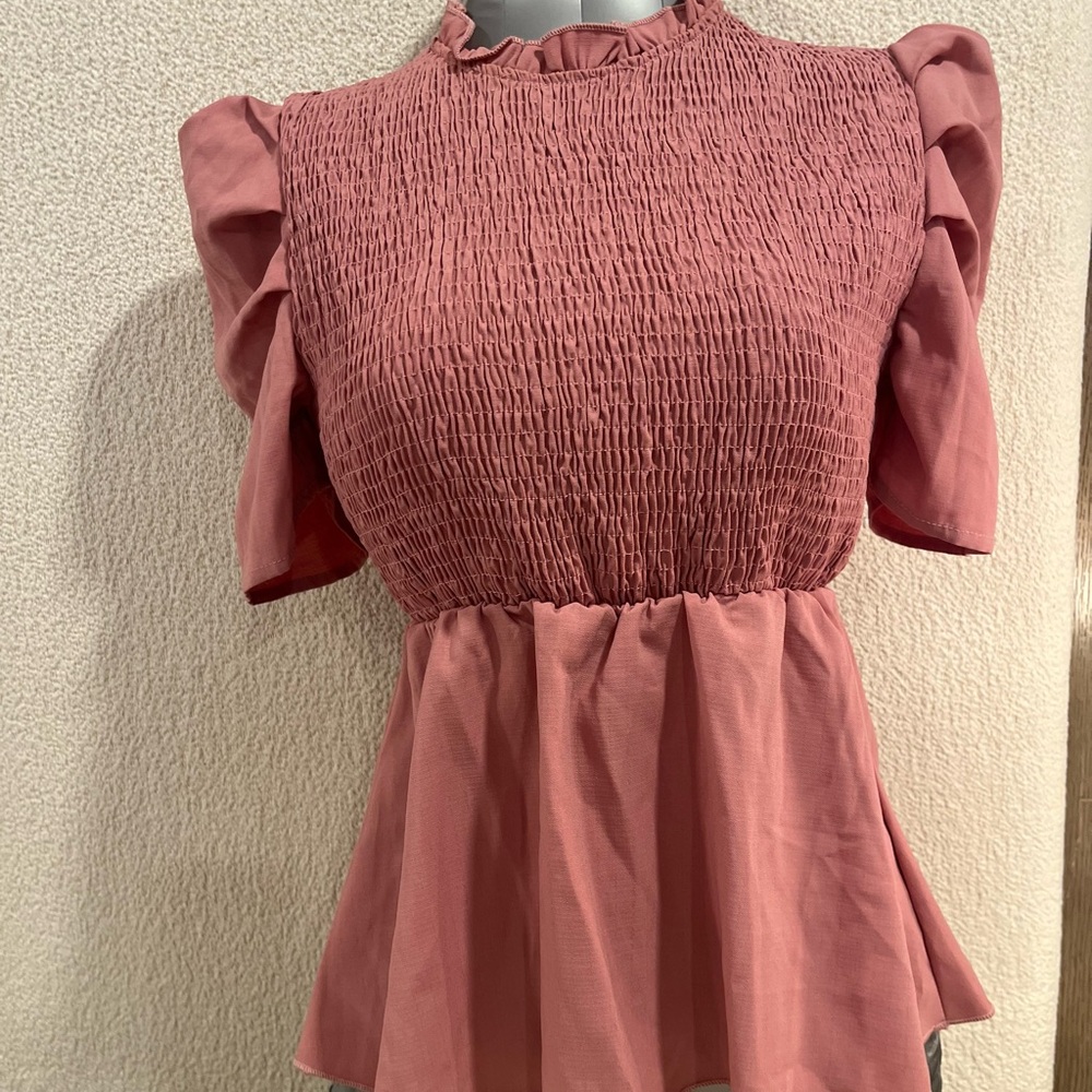 SHEIN Dusty Rose Smocked Peplum Blouse with Ruffle Sleeves